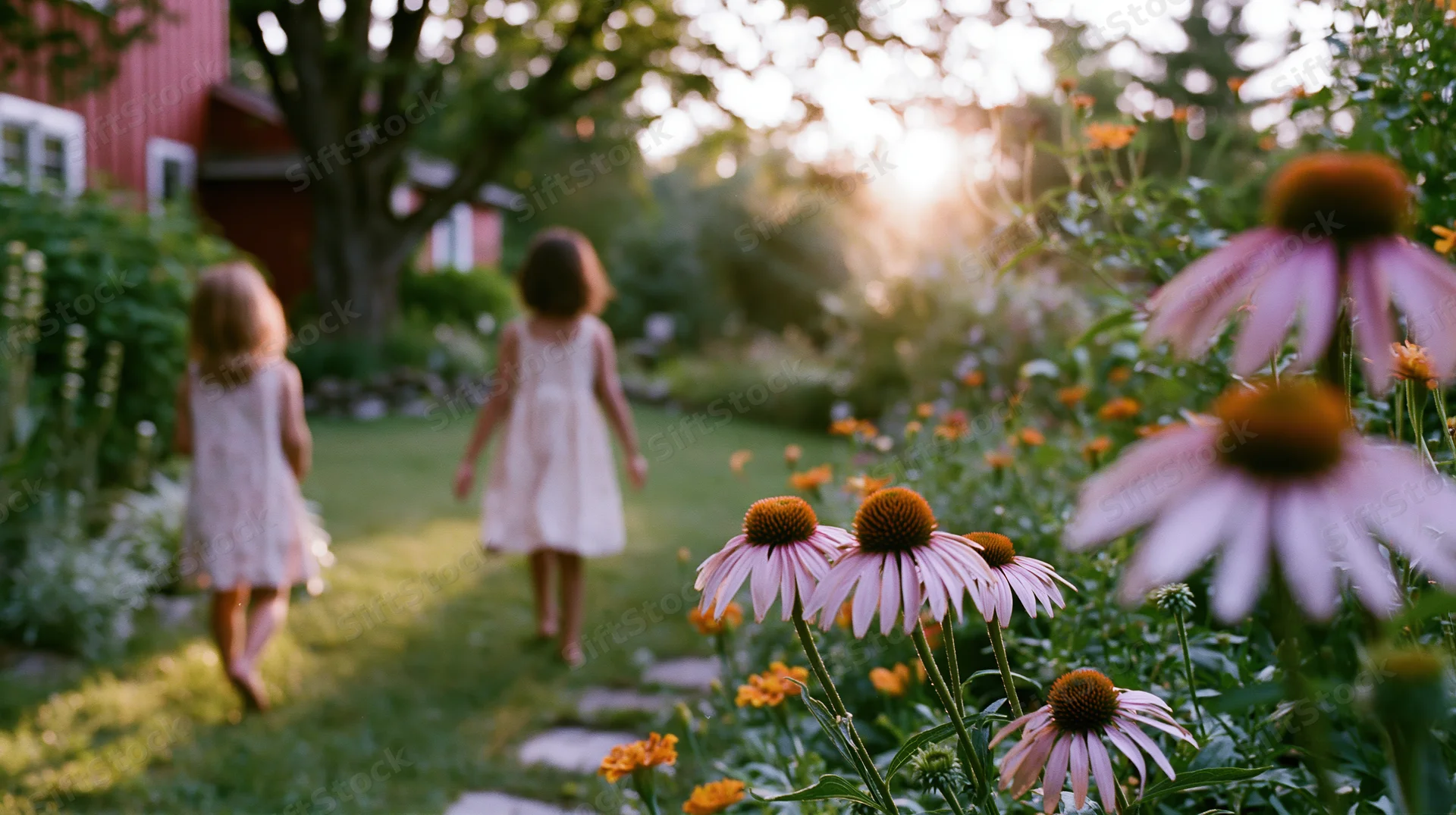 Two young children in light summer dresses walking away on a garden path toward a red house at golden hour