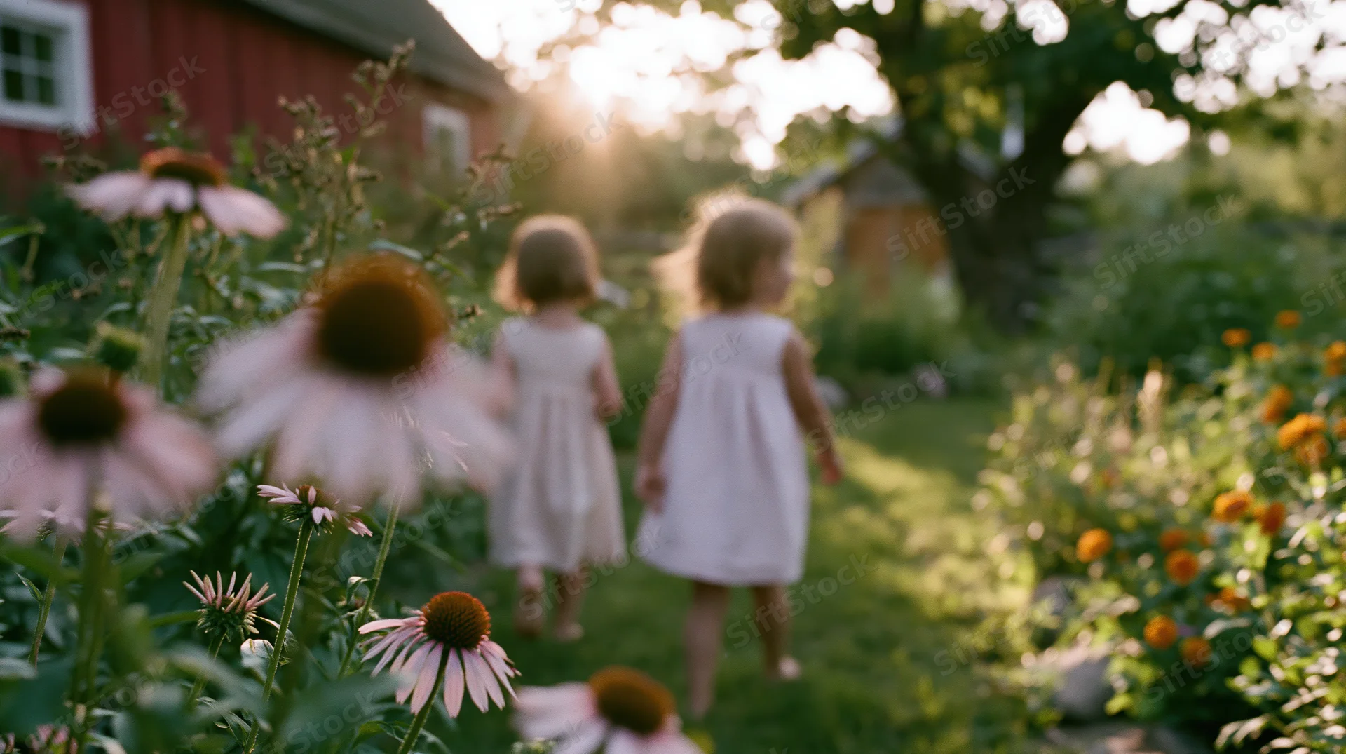 Two young children in light summer dresses walking away through a sunlit garden with coneflowers and trees
