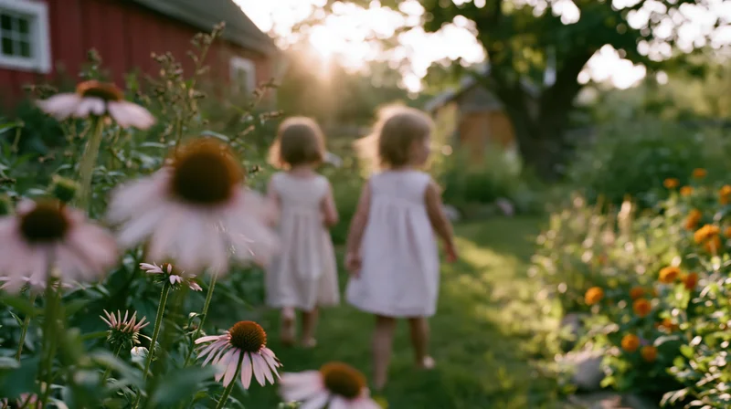 Two young children in light summer dresses walking away through a sunlit garden with coneflowers and trees