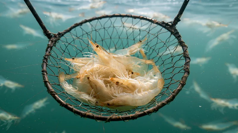 Live shrimp caught in a net underwater in aquaculture farm