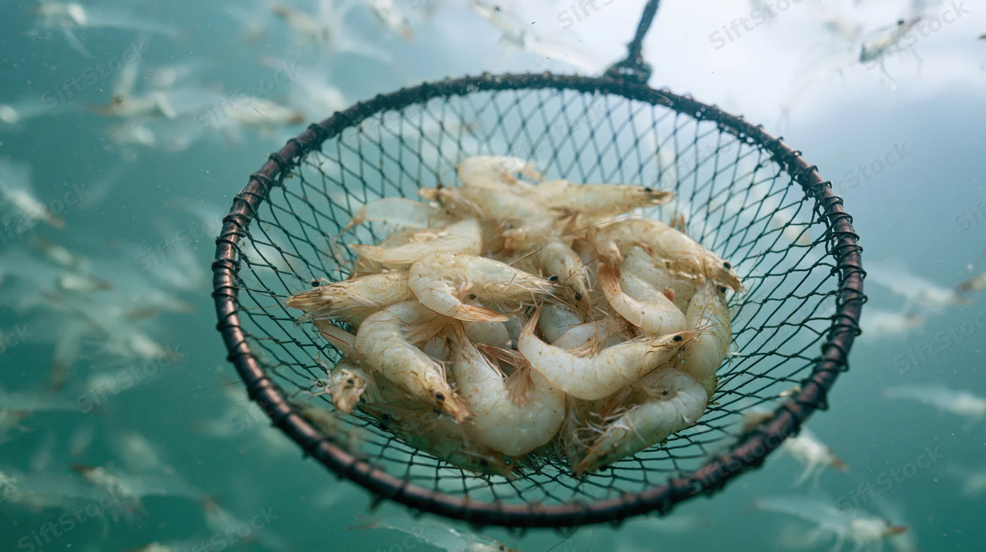 Live shrimp caught in a circular net underwater in a farm pond