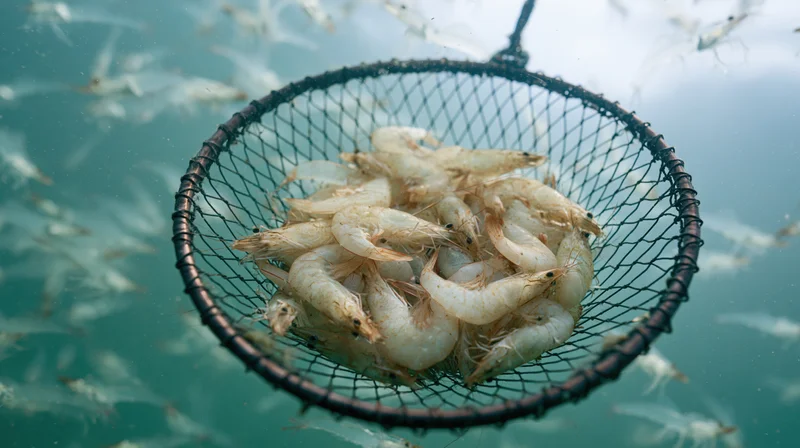 Live shrimp caught in a circular net underwater in a farm pond