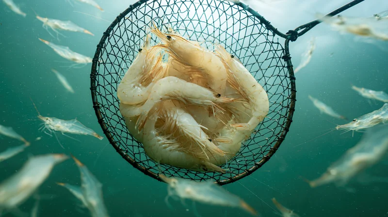 Live shrimp caught in a small circular net underwater