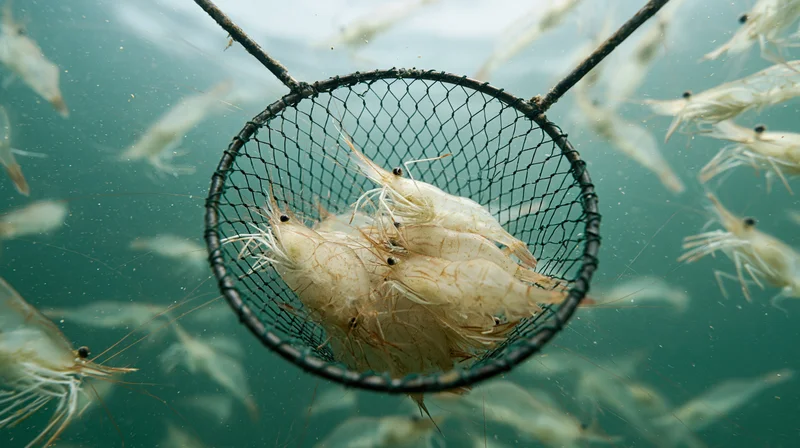 Live shrimp caught in a net underwater