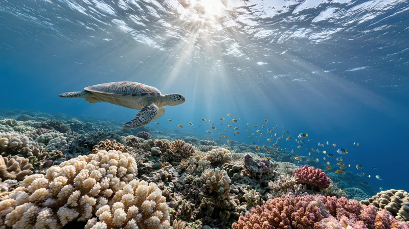 Sea turtle swimming over colorful coral reef with sunlight rays penetrating water surface