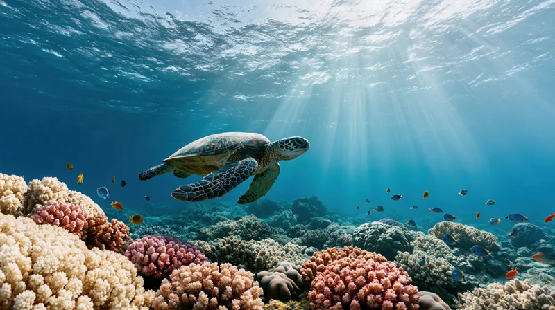 Sea turtle swimming over colorful coral reef in clear blue ocean water with sunlight rays filtering through surface
