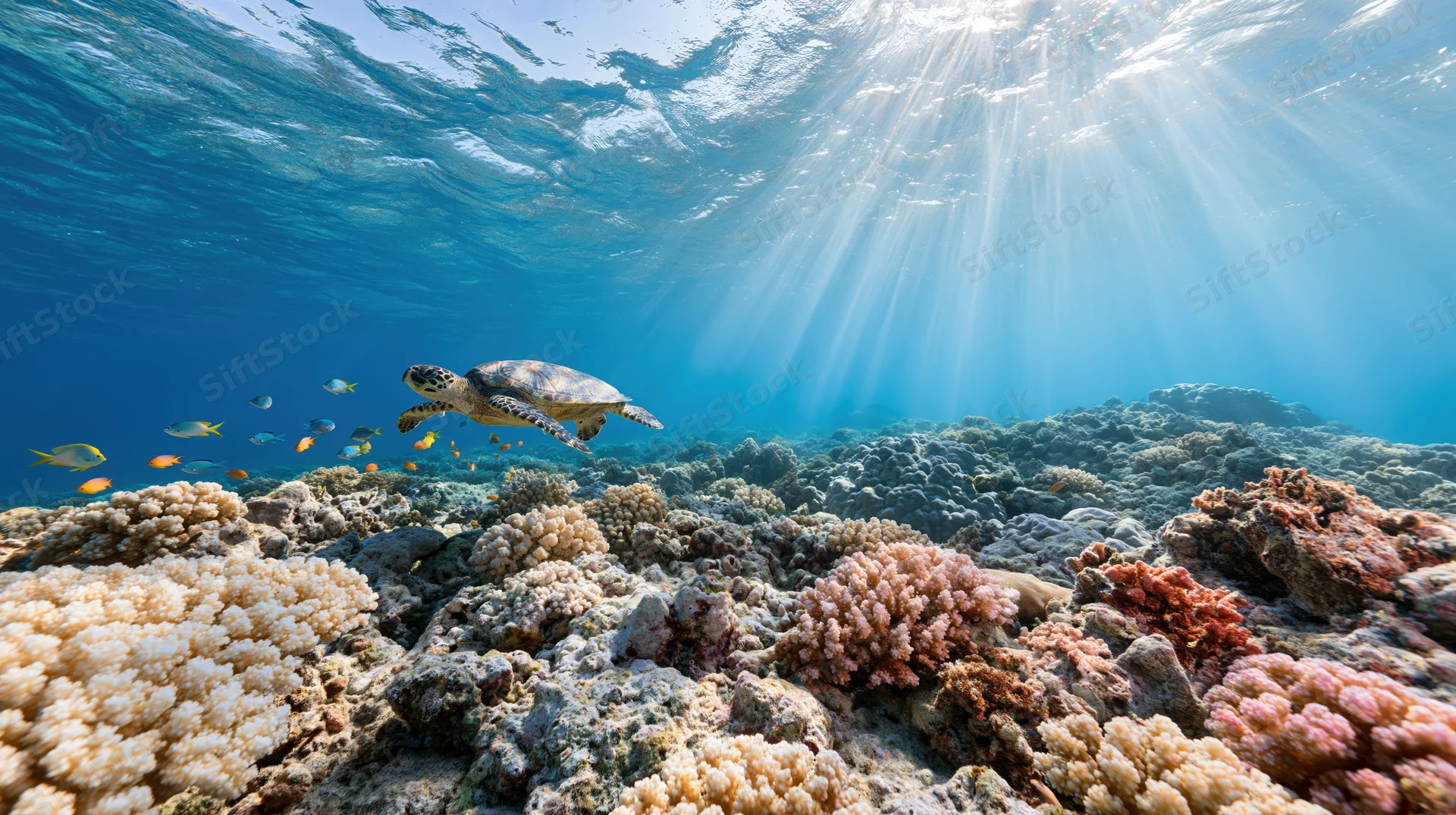 Sea turtle swimming over colorful coral reef with sunlight streaming through water surface