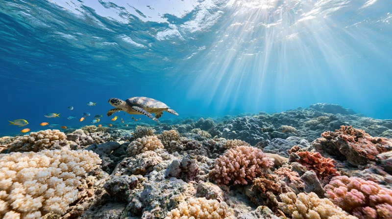 Sea turtle swimming over colorful coral reef with sunlight streaming through water surface
