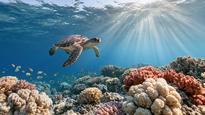 Sea turtle swimming over colorful coral reef in clear tropical ocean water with sunlight rays piercing the surface