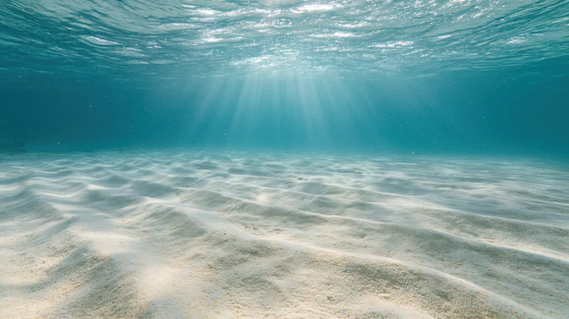 Sunlight beams through rippled sandy ocean floor underwater