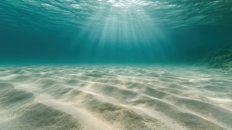 Underwater view of rippled sandy ocean floor with sunlight beams filtering through water