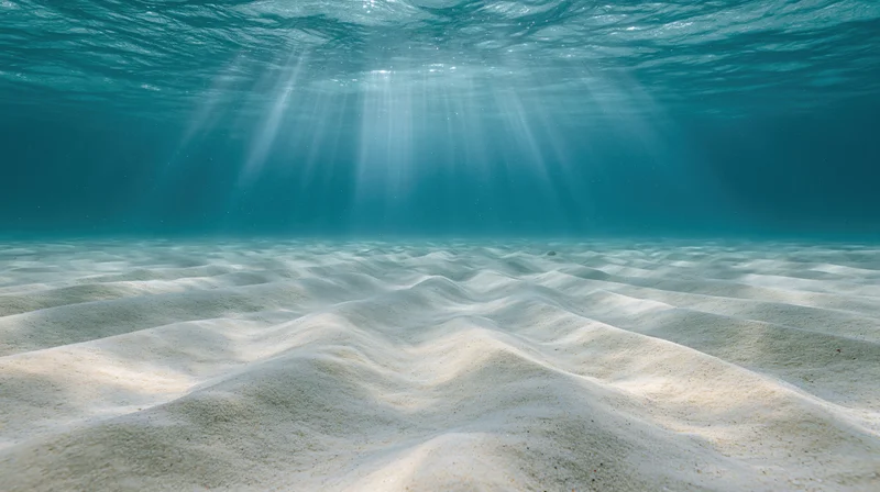 Rippled sandy ocean floor under sunlight beams from water surface