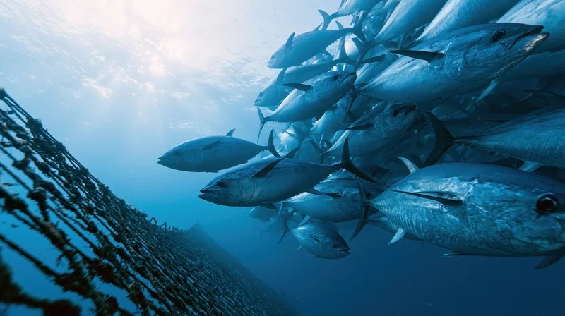 School of tuna swimming underwater alongside a fishing net