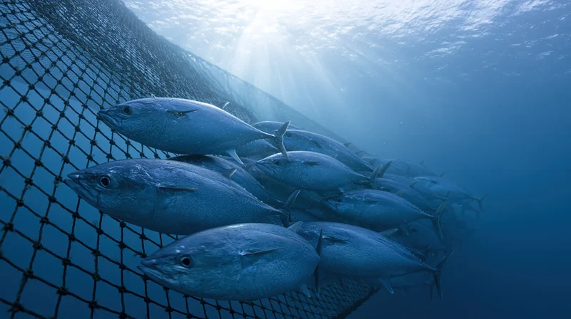 School of tuna swimming alongside a fishing net underwater in the ocean