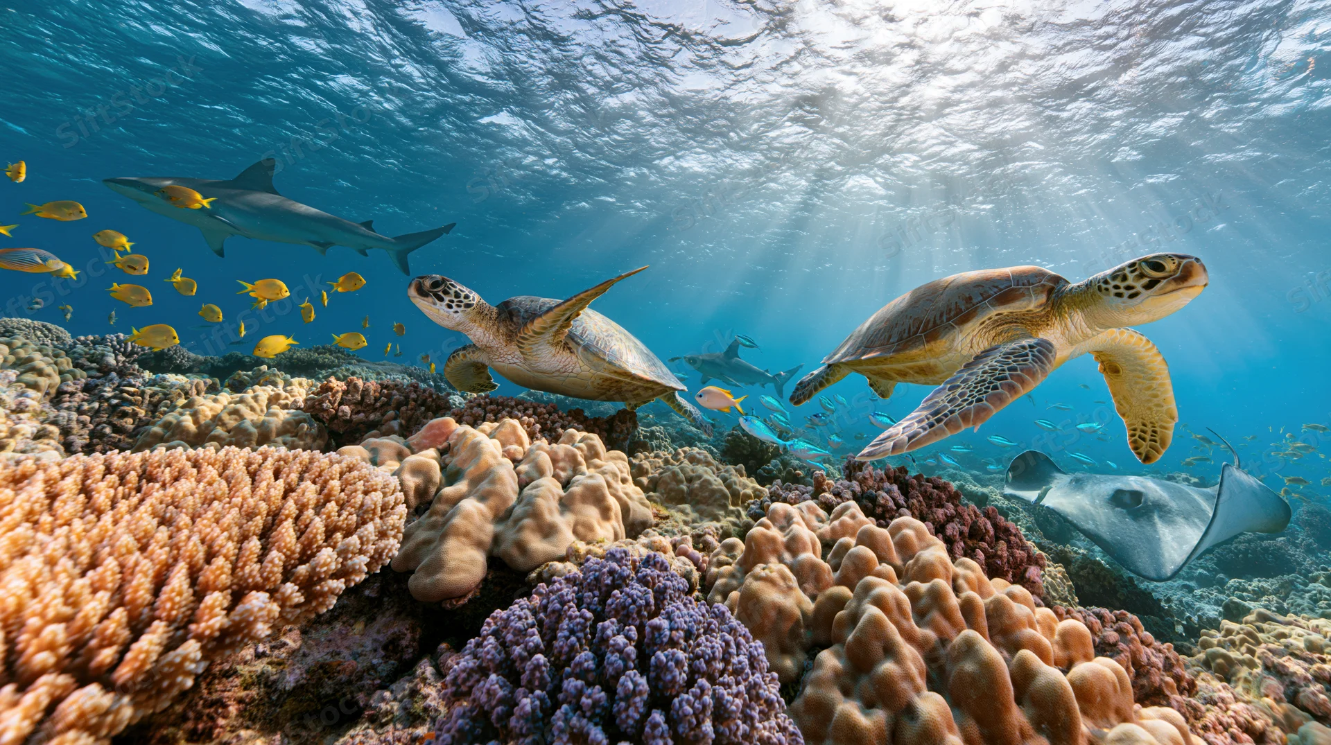Coral reef ecosystem with sea turtles, sharks, and fish swimming underwater
