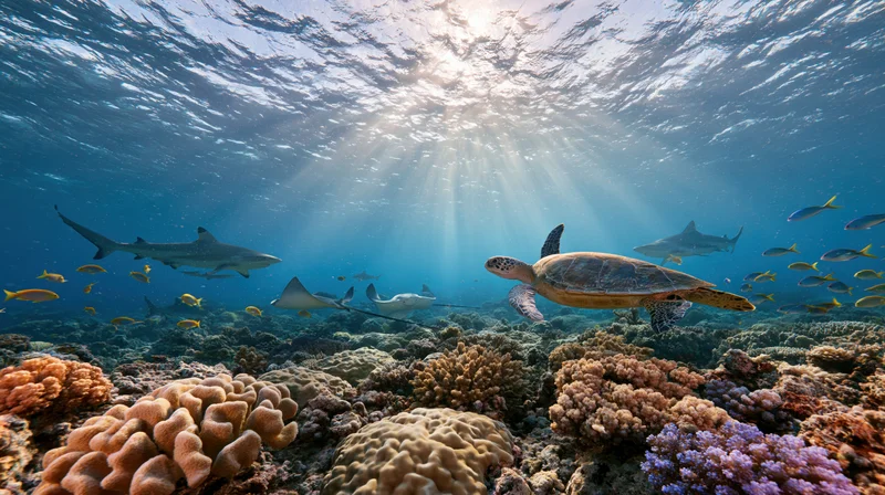 Sea turtle swimming over coral reef with sharks and fish beneath sunlit water surface