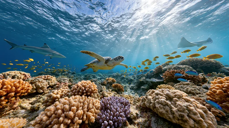 Coral reef ecosystem with sea turtle, shark, rays and fish swimming underwater in tropical ocean