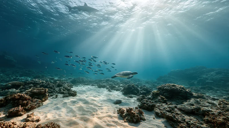 Sea turtle swimming over coral reef with fish school and sunlight rays underwater