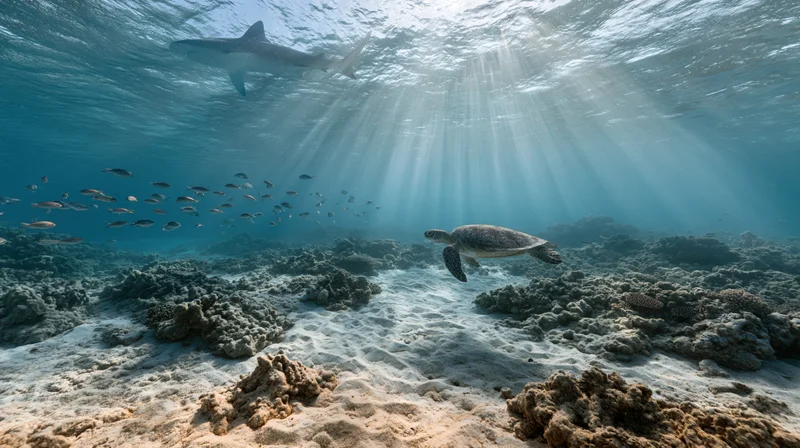 Sea turtle swimming over coral reef with shark above in shallow tropical ocean