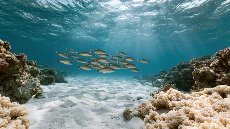 School of fish swimming over sandy seabed among coral formations in shallow ocean water