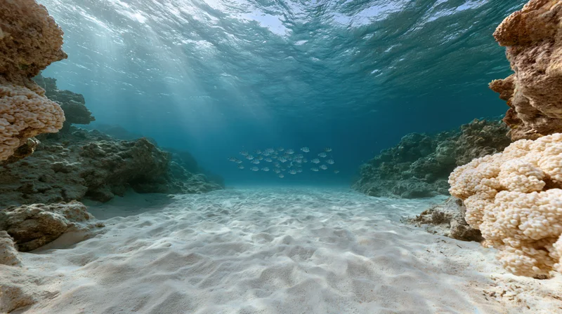 School of fish swimming over sandy seabed in shallow coral reef underwater