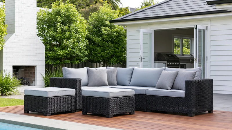 Dark wicker sectional sofa with gray cushions on wooden deck beside pool in upscale backyard patio