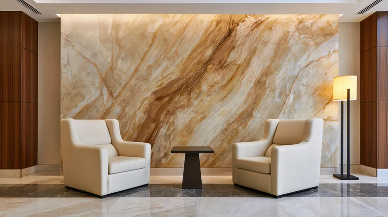 Two cream upholstered armchairs facing each other in a luxury hotel lobby with a marble accent wall and ambient lighting