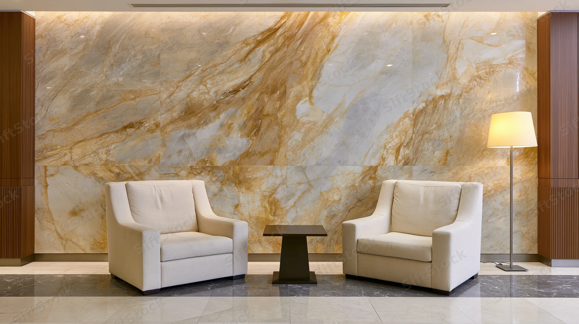 Two cream upholstered armchairs facing each other with a small table between them in a hotel lobby with a marble wall and floor