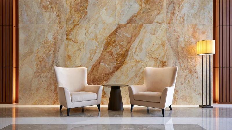Two cream upholstered armchairs facing each other with a small black table between them in a marble-walled hotel lobby