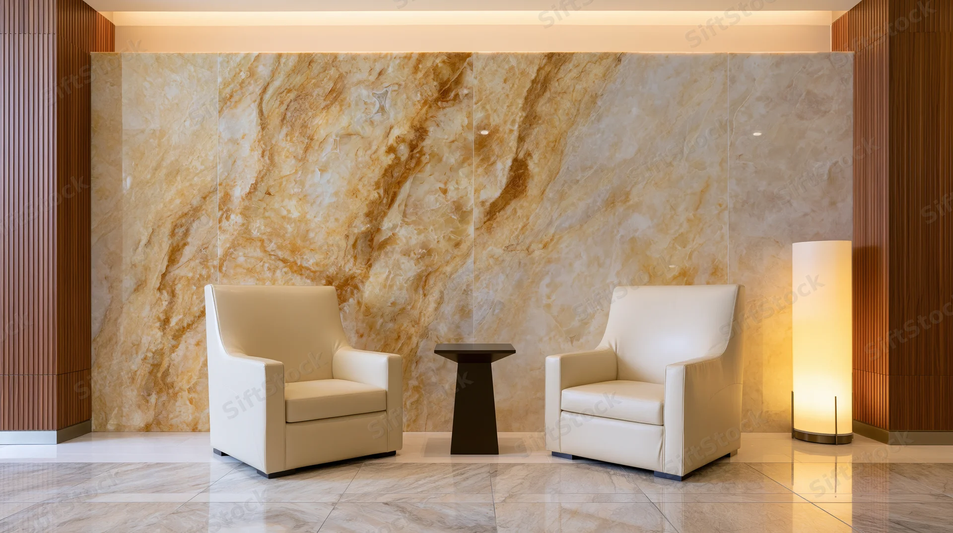 Two cream upholstered armchairs arranged with a side table and floor lamp in a marble-walled hotel lobby