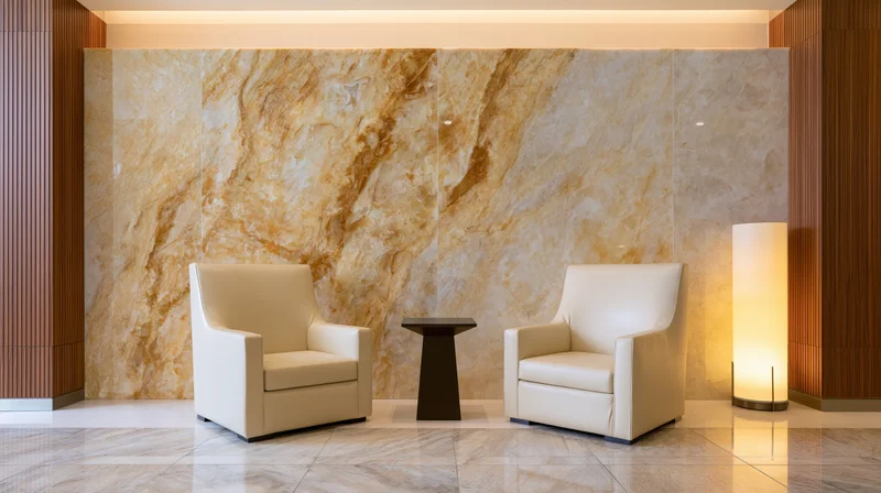 Two cream upholstered armchairs arranged with a side table and floor lamp in a marble-walled hotel lobby
