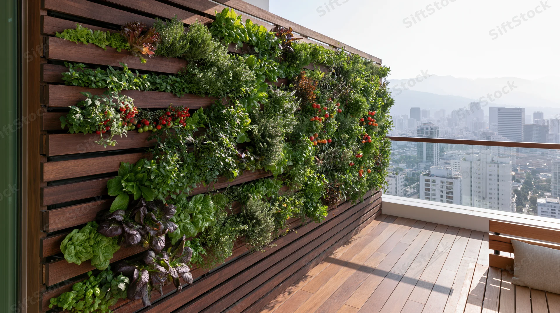 Vertical garden with herbs and vegetables on a wooden balcony overlooking a cityscape