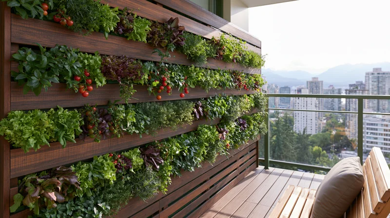Vertical garden with leafy greens and tomatoes on wooden balcony overlooking cityscape