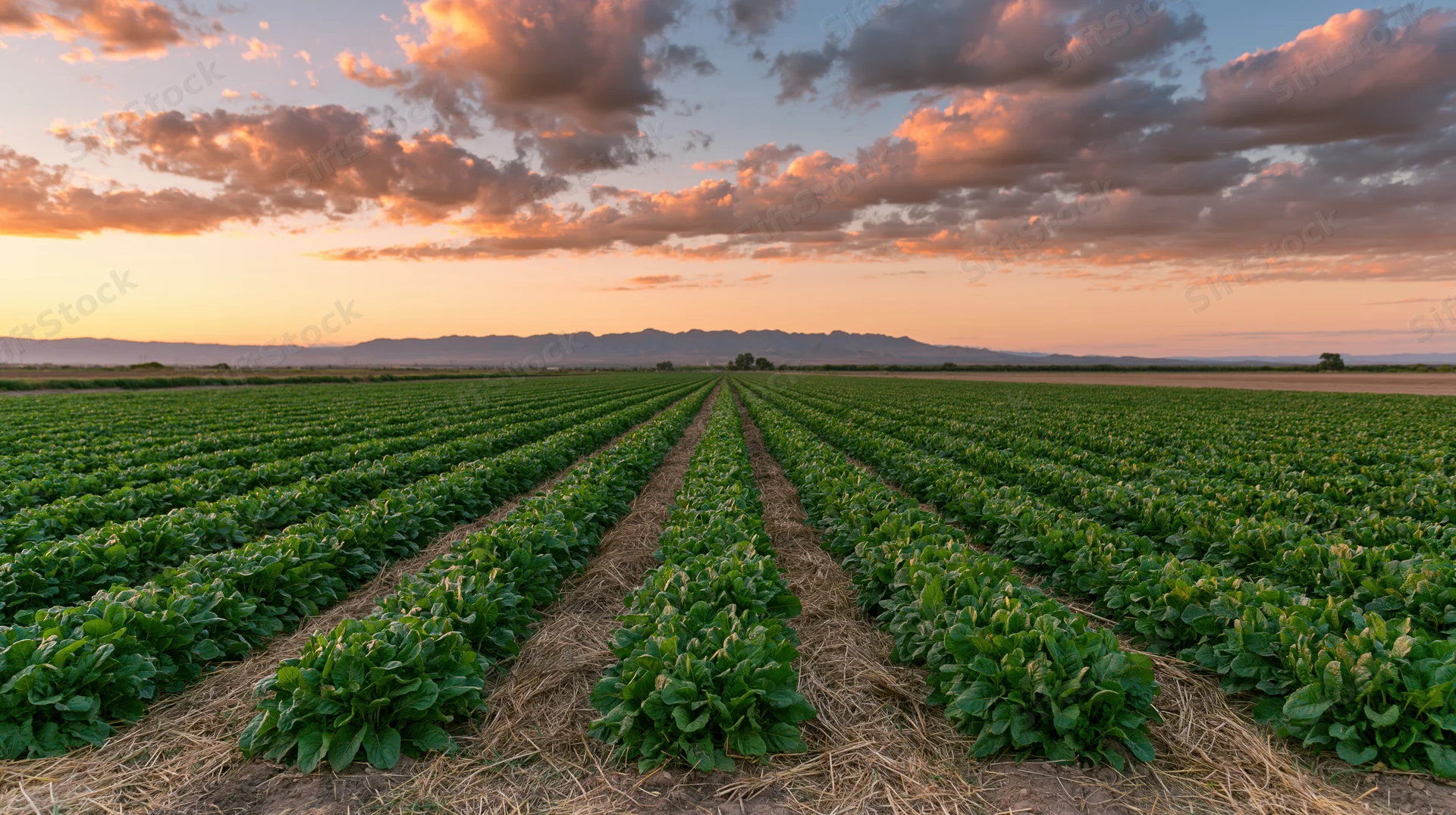 Parallel rows of leafy green crops growing in a vast field at sunset with mountains on the horizon