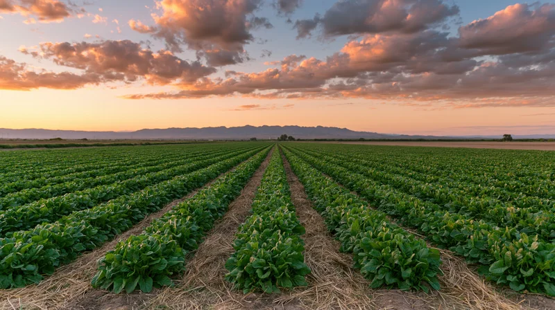 Parallel rows of leafy green crops growing in a vast field at sunset with mountains on the horizon