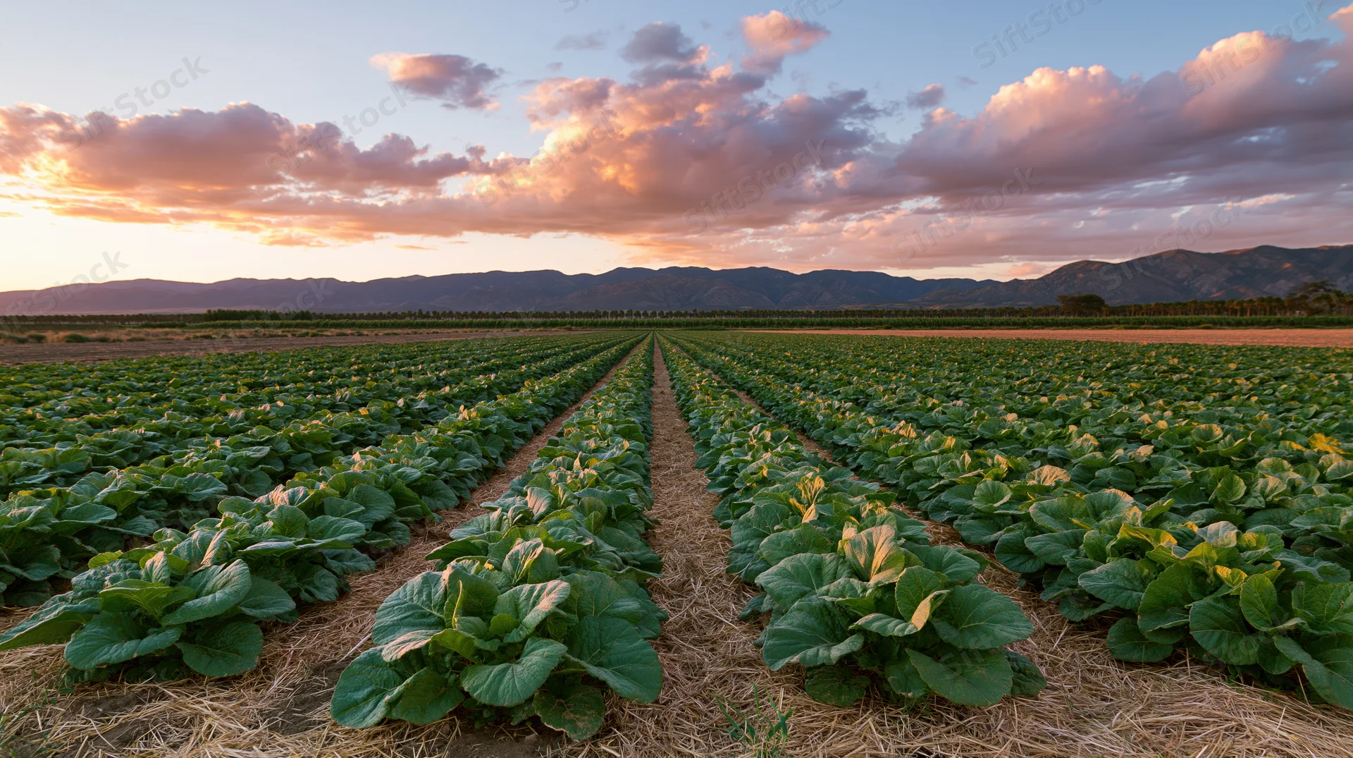 Parallel rows of leafy green crops growing in a vast field at sunset with mountains in the distance