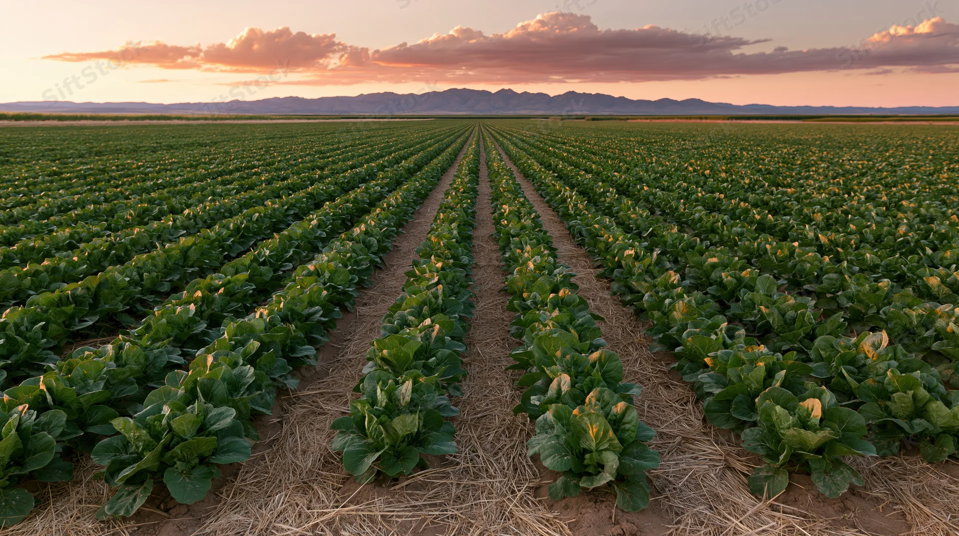 Rows of leafy green crops growing in a vast field at sunset with mountains in the distance