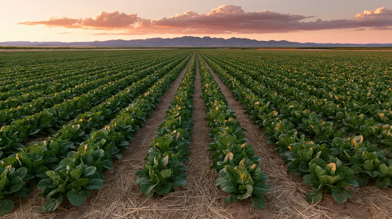 Rows of leafy green crops growing in a vast field at sunset with mountains in the distance