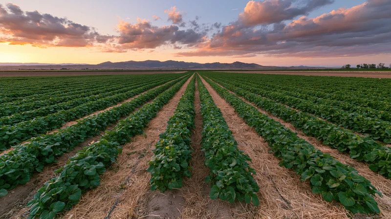Rows of leafy green crops growing in a vast agricultural field at sunset with mountains in the distance