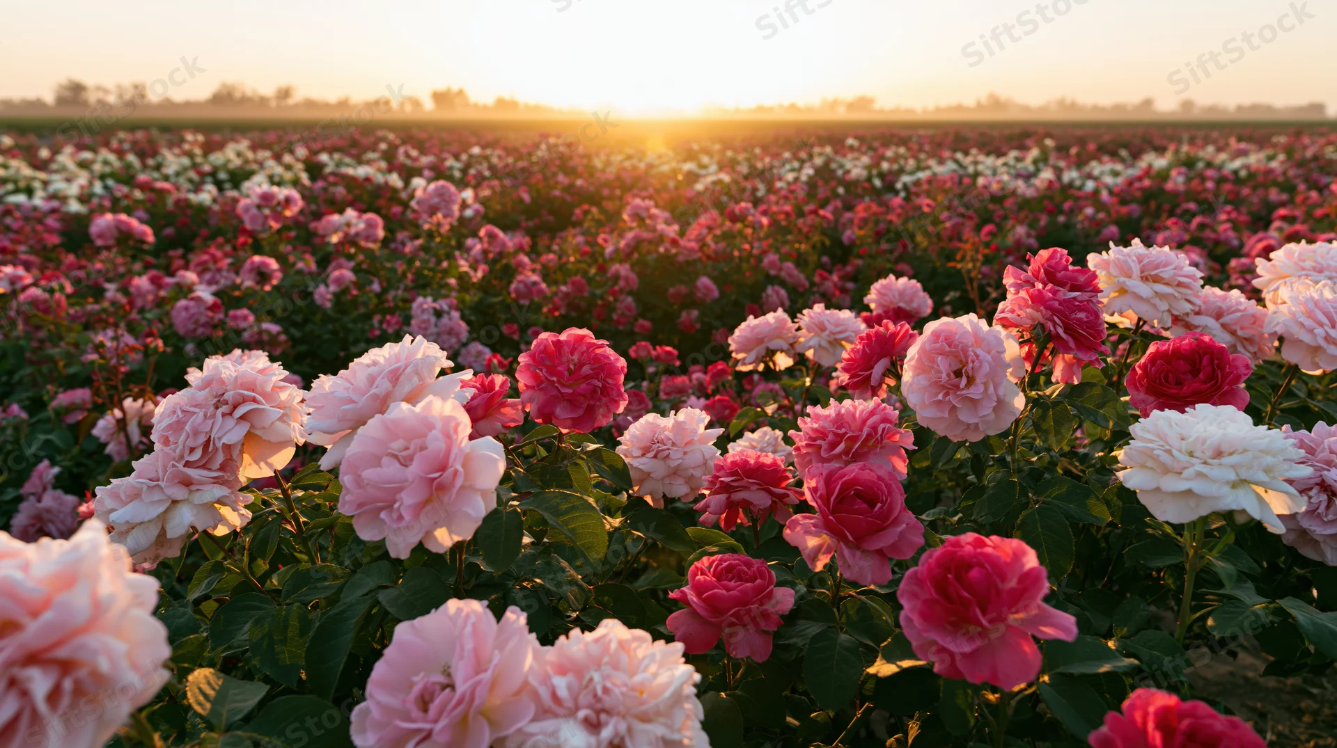 Vast field of blooming pink roses at sunrise stretching to the horizon
