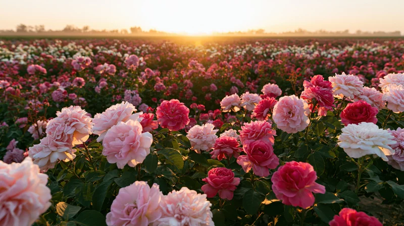 Vast field of blooming pink roses at sunrise stretching to the horizon