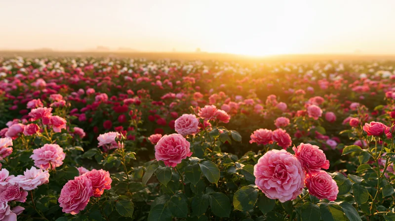 Vast field of blooming pink roses at sunrise stretching to the horizon