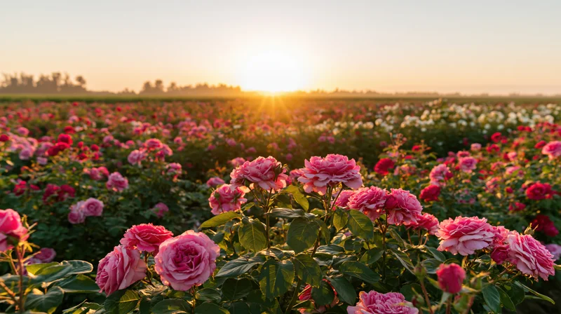 Vast field of blooming pink roses at sunset with golden light over horizon