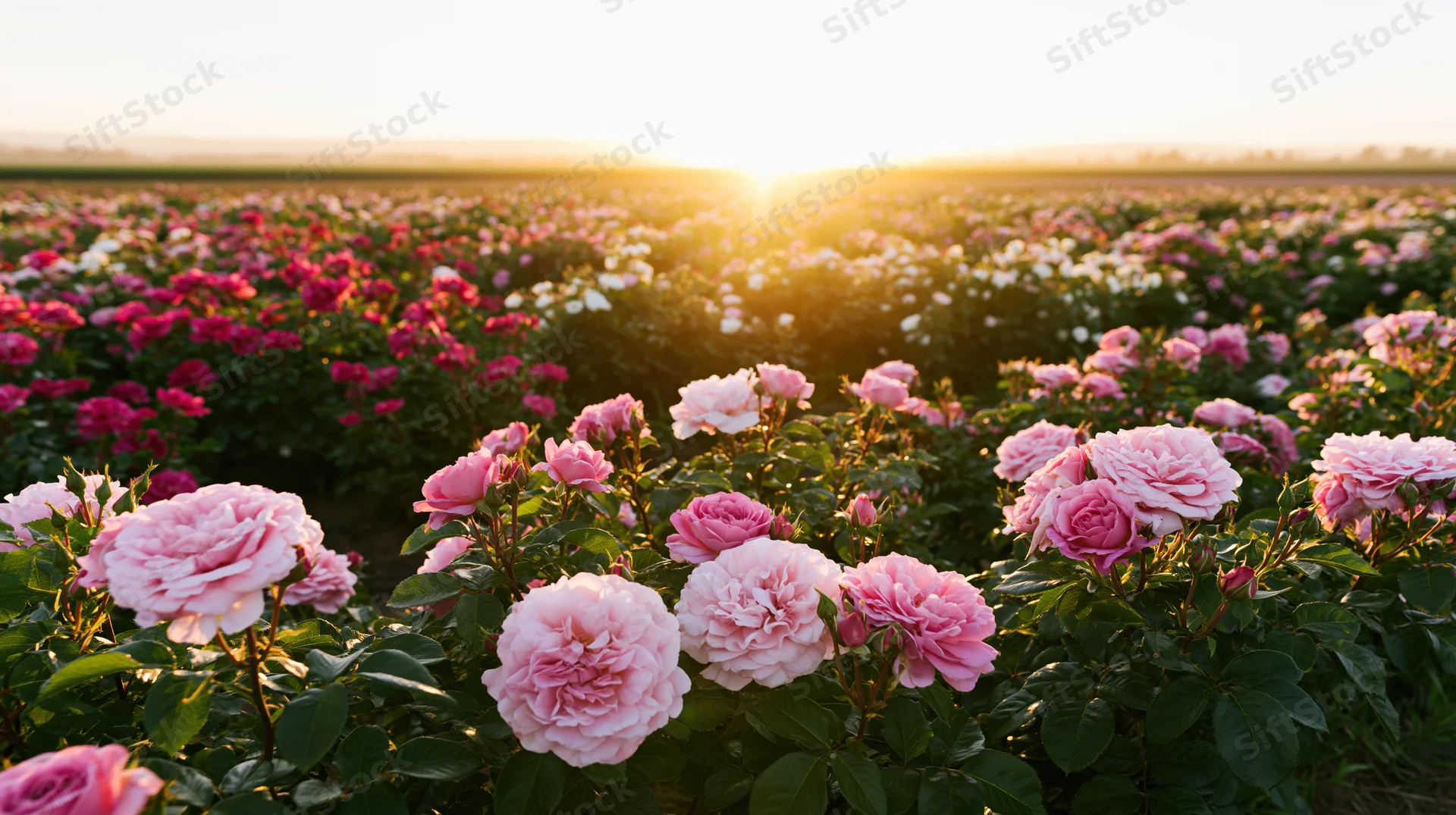 Pink roses in full bloom across a vast field at sunrise