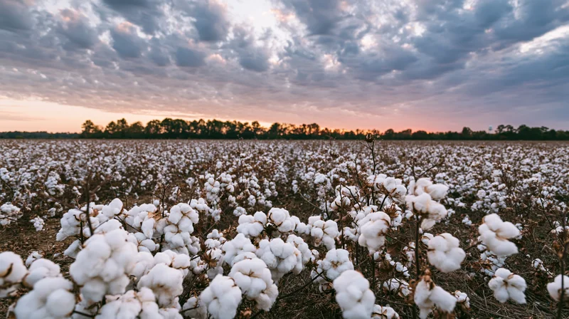 Cotton bolls in a vast field at sunset under cloudy sky