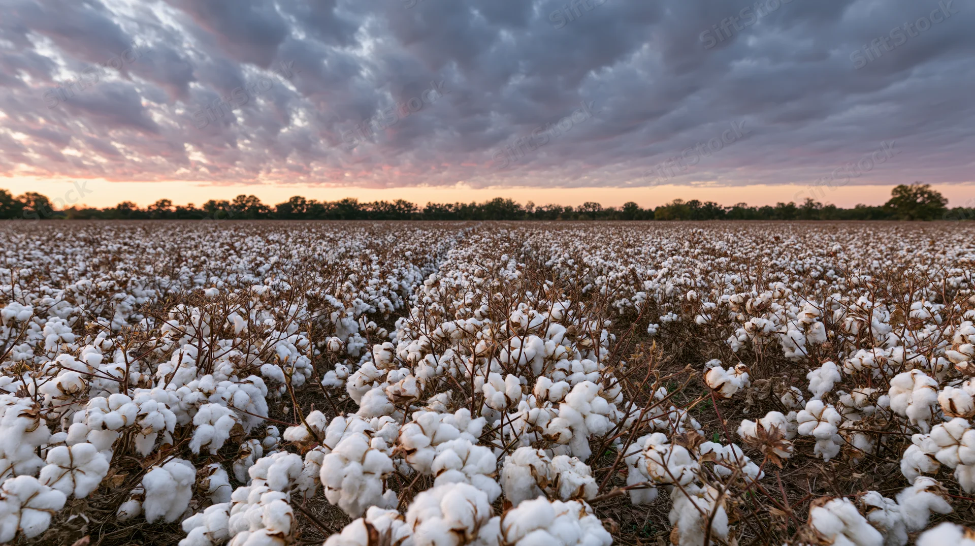 Vast cotton field at harvest time with ripe white bolls under cloudy sunset sky