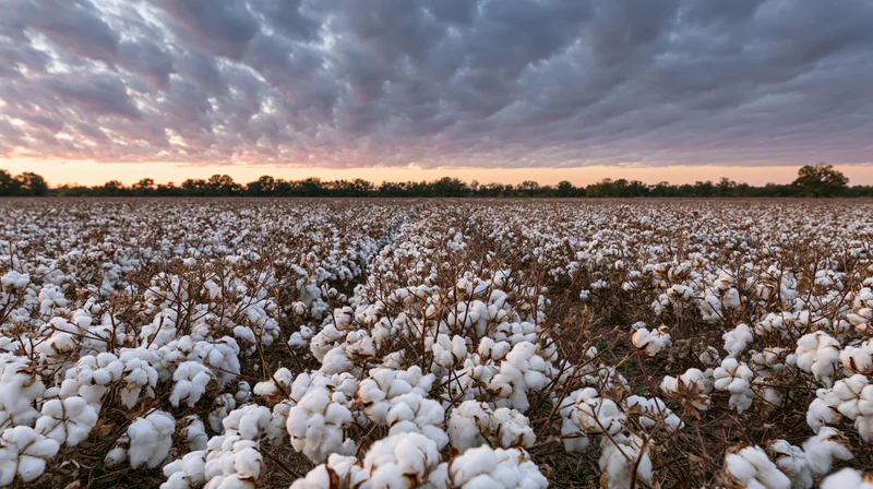 Vast cotton field at harvest time with ripe white bolls under cloudy sunset sky