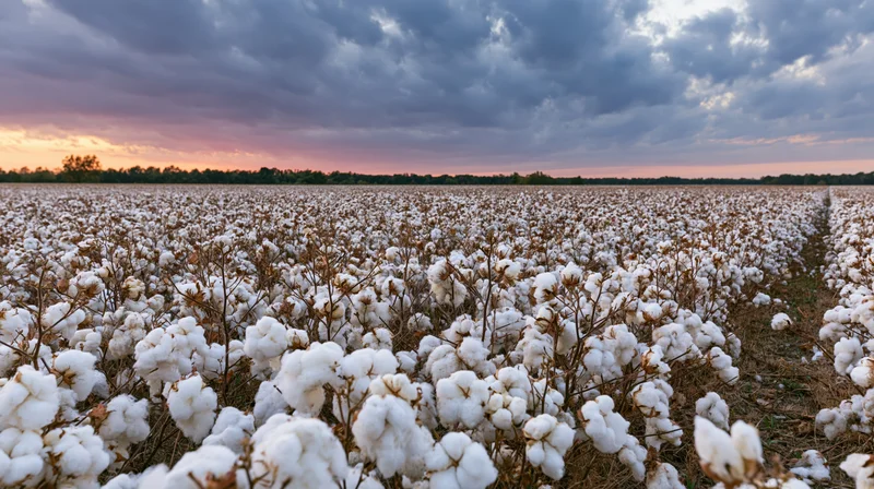 Cotton field at harvest time under cloudy sunset sky