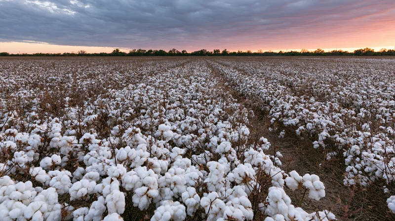 Vast cotton field at harvest with ripe white bolls under a cloudy sunset sky