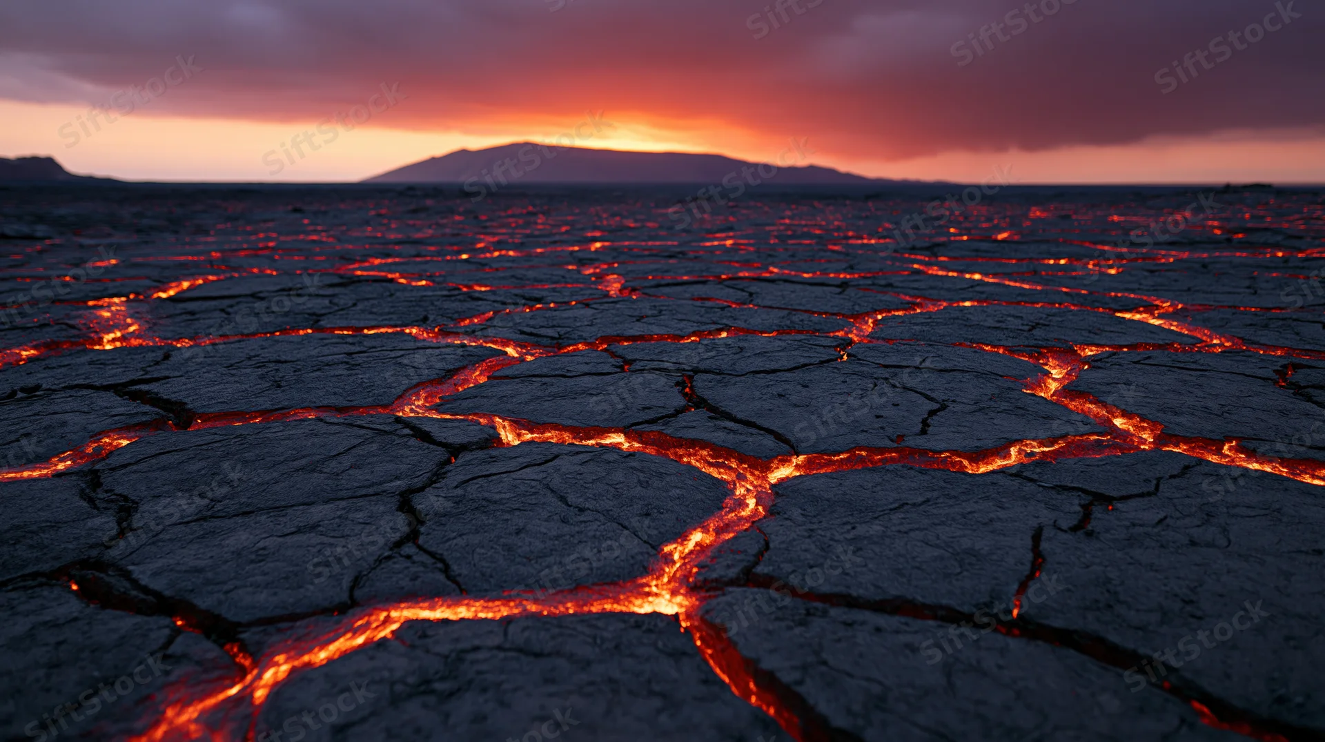 Cracked volcanic plain with molten lava seeping through fissures at dusk